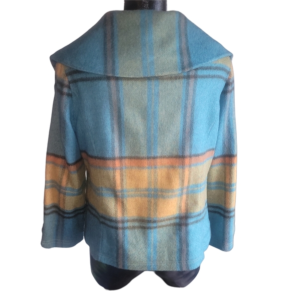 Madison Hill Plaid Blue and Yellow Wide Collar Wool Blend Jacket M - Picture 5 of 6